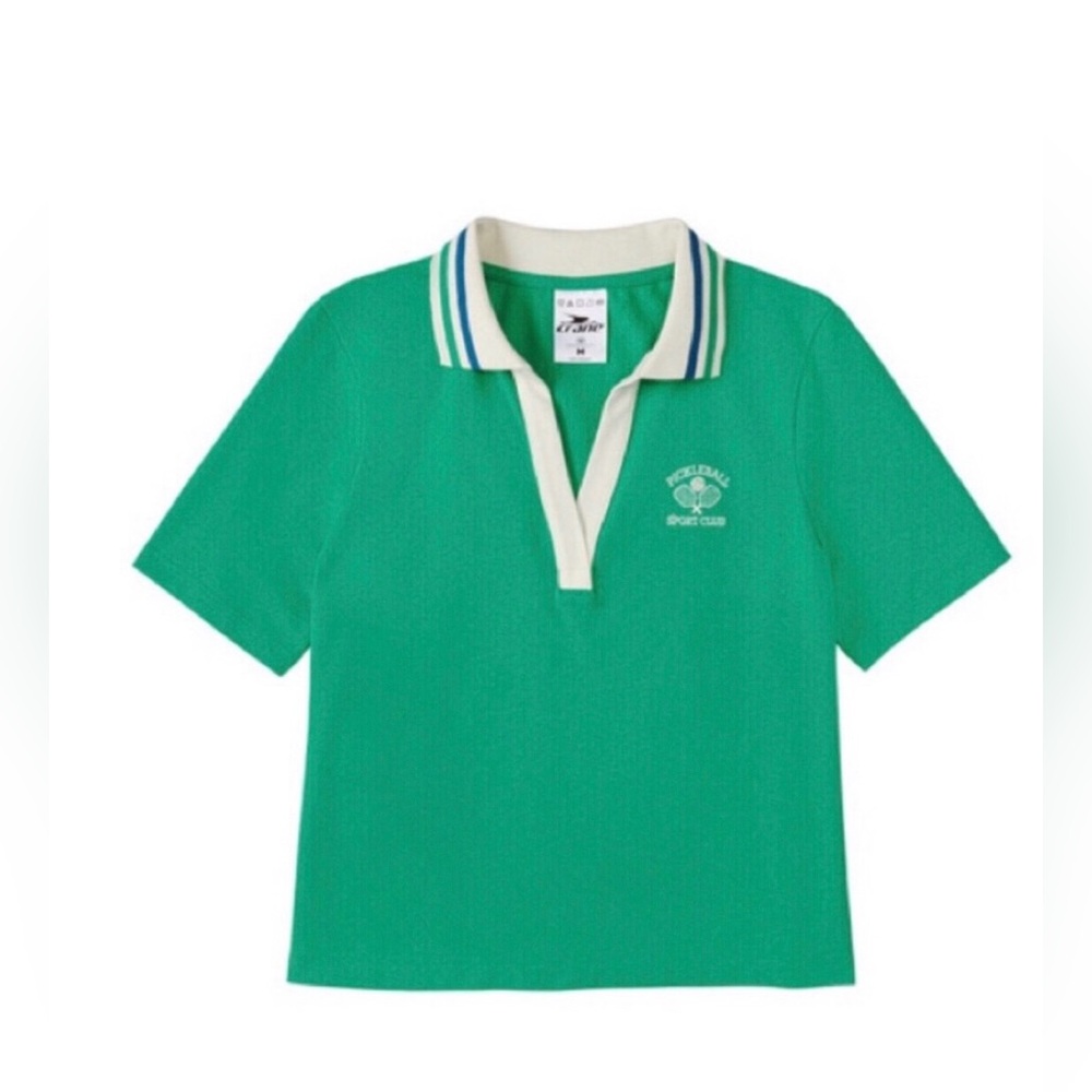 NWT Crane Pickelball Sport Club Green Polo Shirt L Cropped Tennis core Preppy